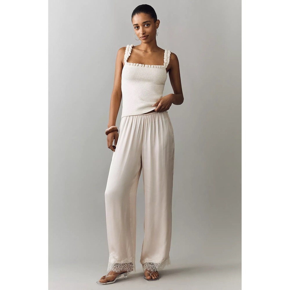 Anthropologie LyreBird Heirloom Lace Wide Leg Pants 2X Chai Silky Coquette